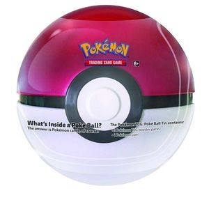 Red and White sealed Pokémon Tin ball trading cards